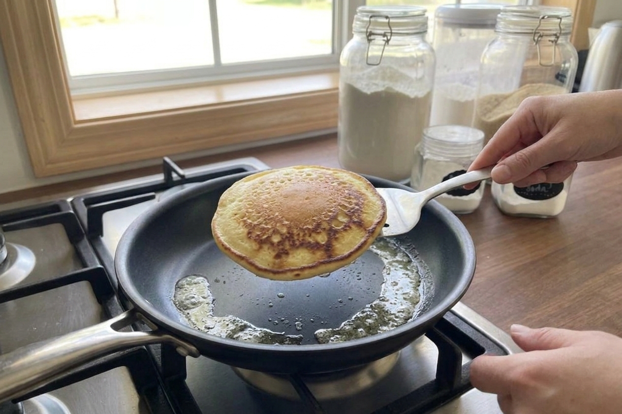 A pancake being flipped in a skillet with a spatula, showing a golden brown underside and a slightly set top