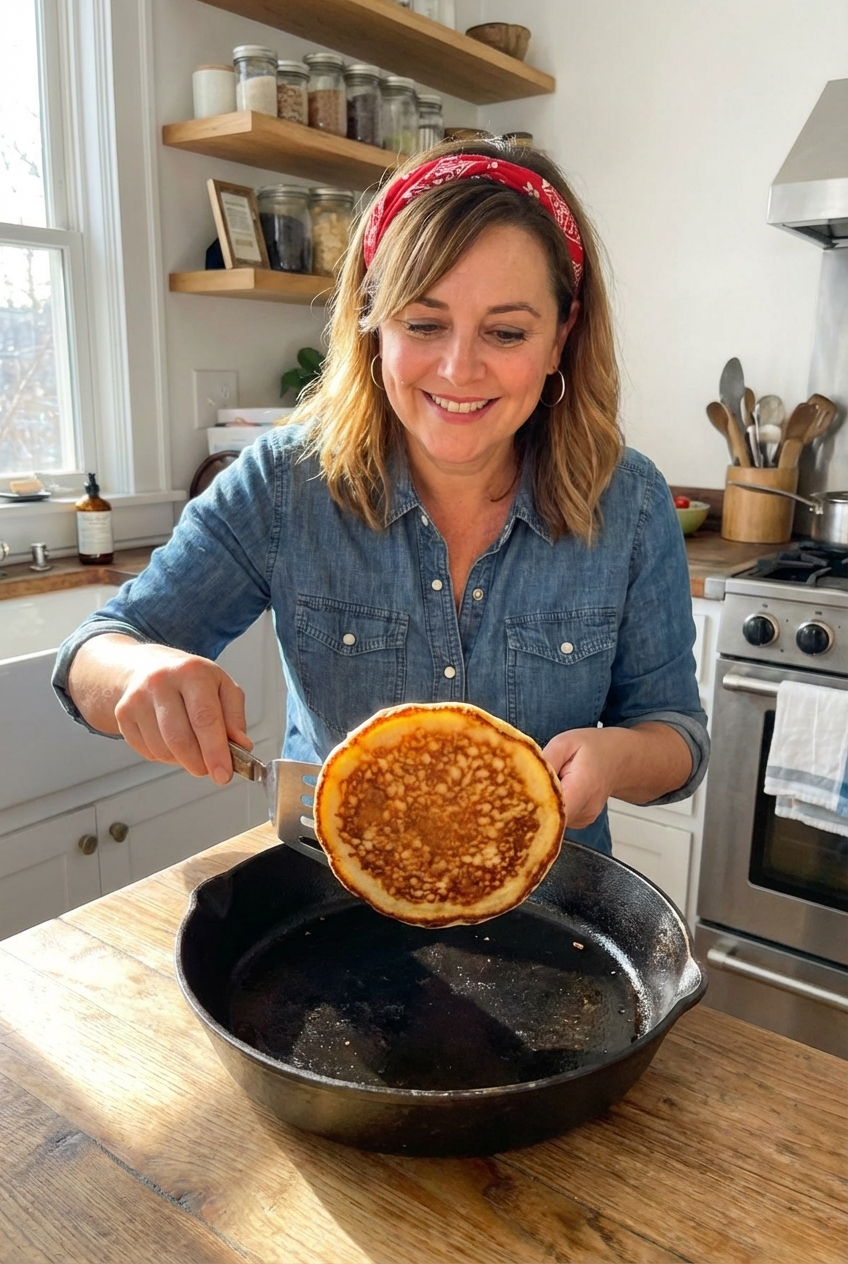 A pancake being flipped with a spatula in a skillet with a golden-brown underside visible