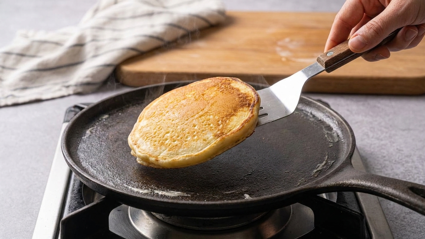 A pancake being flipped with a spatula in a skillet on the stovetop