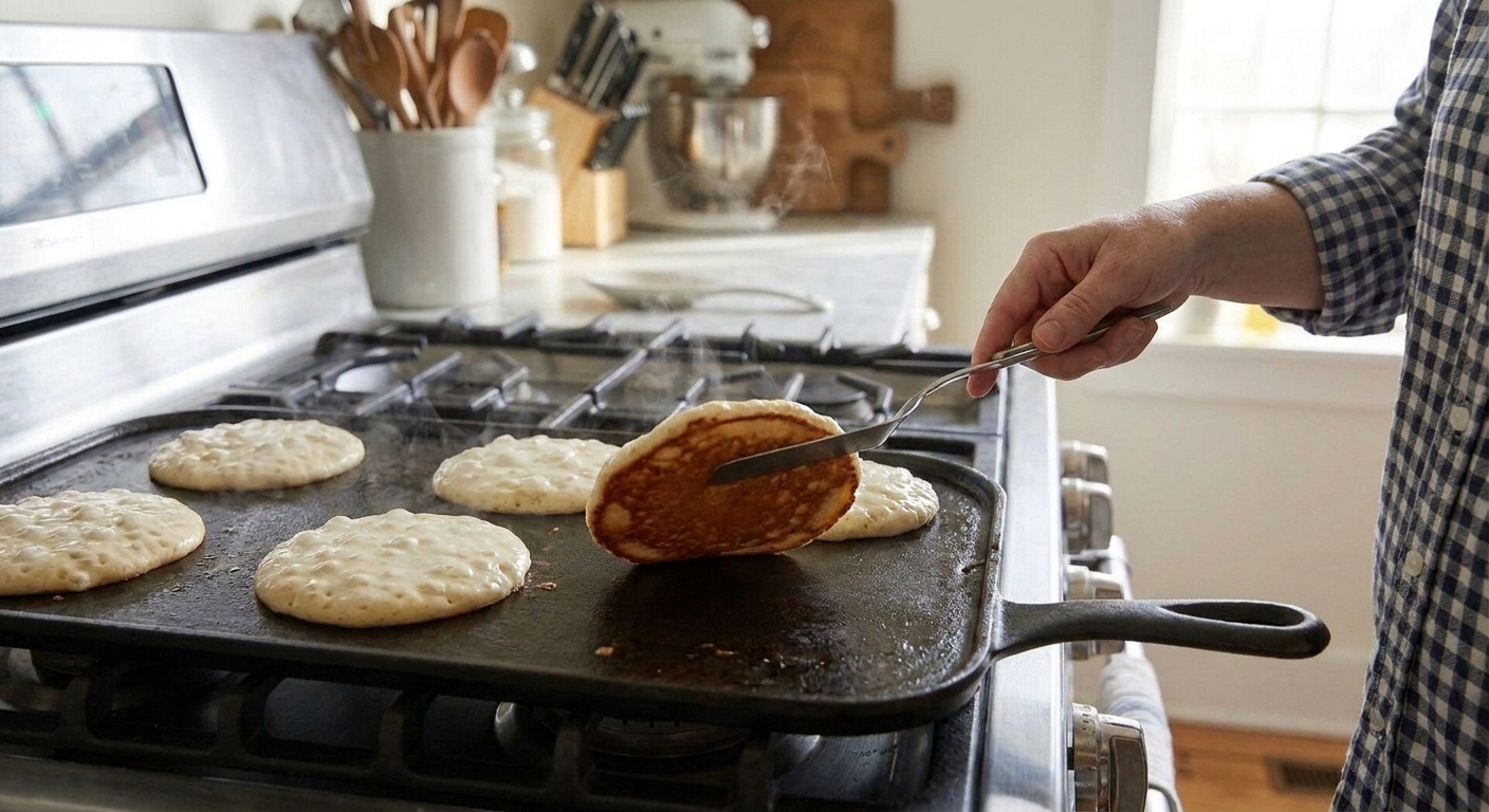 A pancake being flipped with a thin spatula in a skillet, showing a golden brown underside
