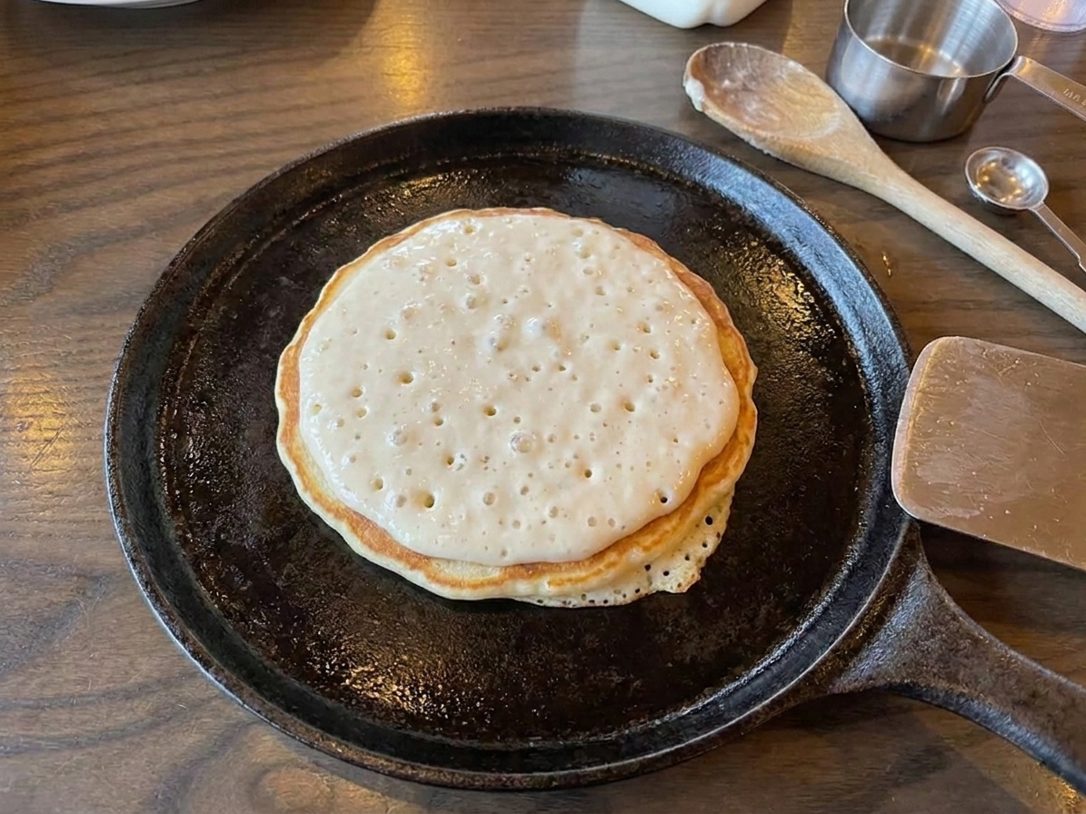 A pancake cooking on a griddle with bubbles forming on the surface and the edges beginning to set