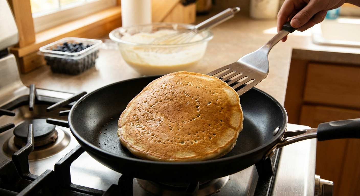 A pancake in a nonstick skillet with bubbles forming on the surface, ready to flip, with a spatula hovering nearby