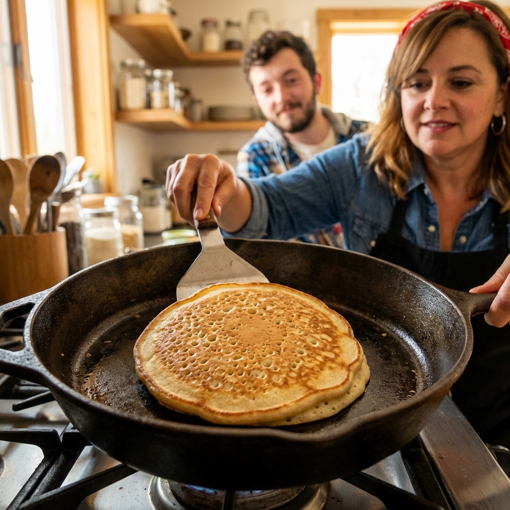 A pancake in a skillet with bubbles forming on top, ready to flip