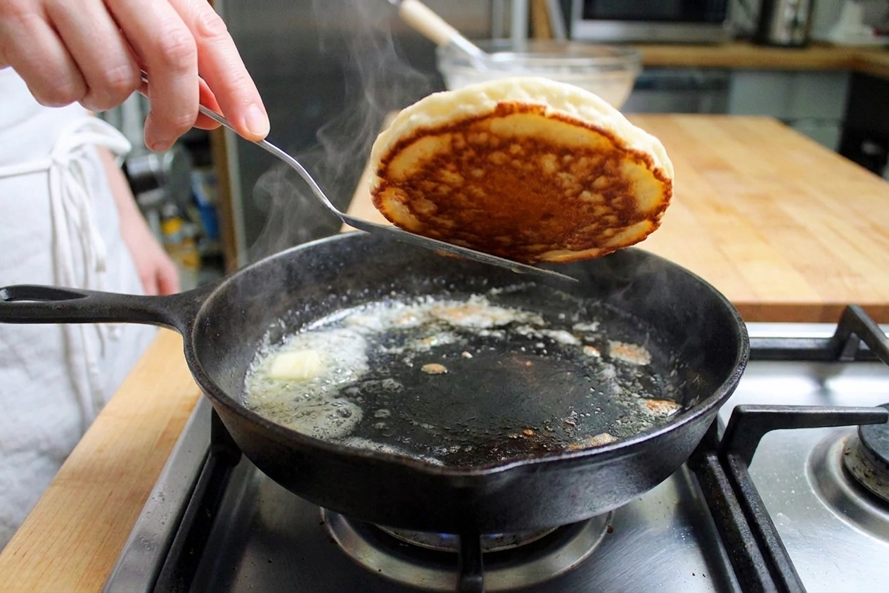 A pancake mid-flip in a buttered skillet with a thin spatula, showing a deeply golden underside