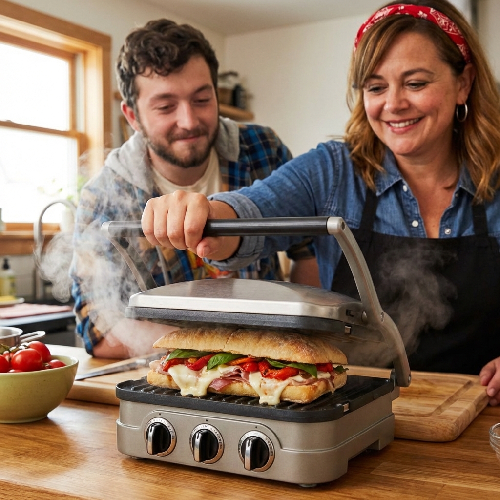 A panini press closing on a stuffed sandwich with visible steam rising