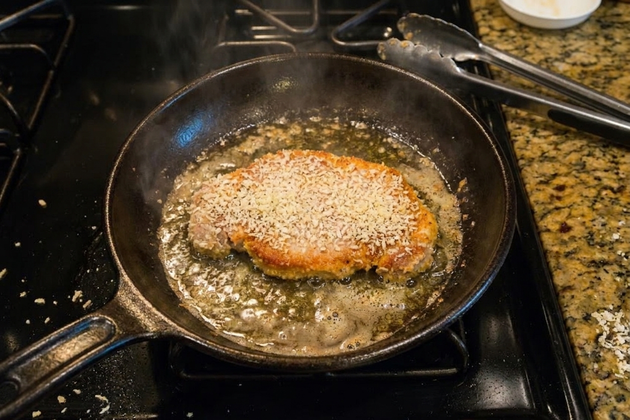 A panko-crusted pork cutlet frying in a skillet with bubbling oil, turning golden brown at the edges