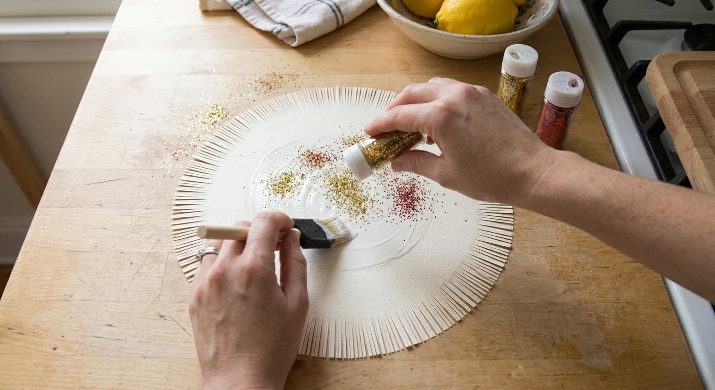 A paper fireworks craft center circle being brushed with glue and sprinkled with glitter on a kitchen counter
