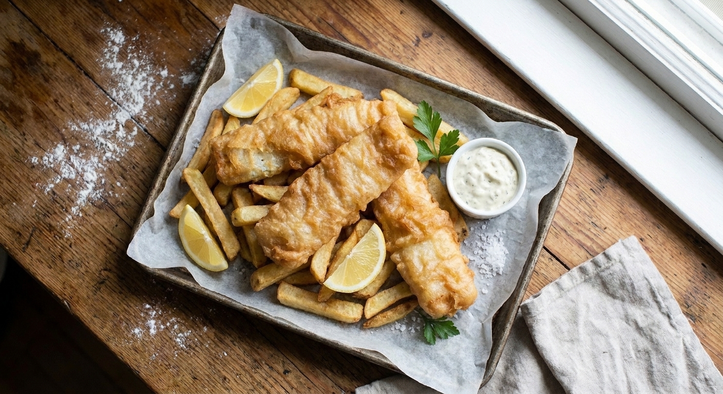 A paper-lined tray of golden battered fish and thick-cut chips with lemon wedges on a wooden table.