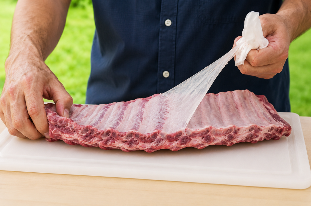 A paper towel gripping and peeling the membrane from the bone side of a rack of pork spare ribs