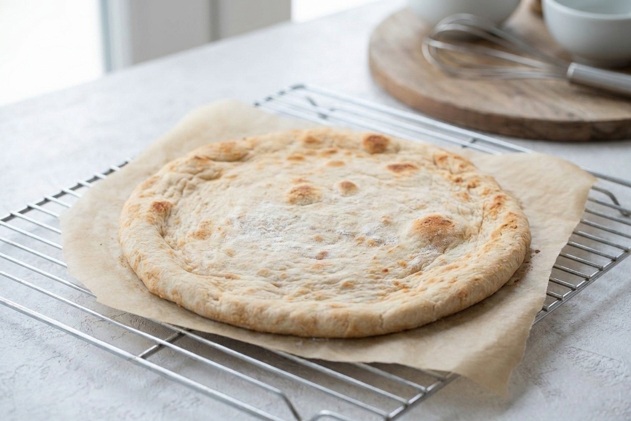 A par-baked gluten-free pizza base cooling on parchment paper on a wire rack in a bright kitchen