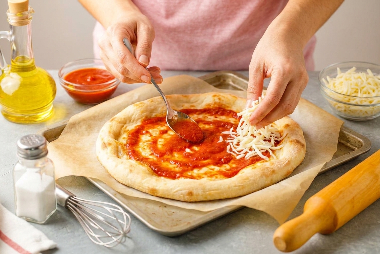 A par-baked pizza crust on parchment being topped with tomato sauce and shredded mozzarella on a baking sheet