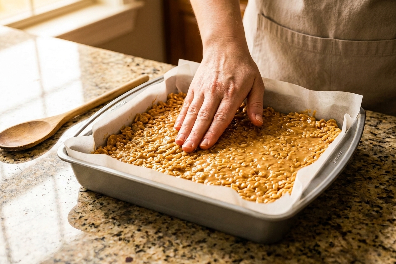 A parchment-lined 9x13 baking pan as the peanut butter cereal mixture is pressed into an even layer on a kitchen counter