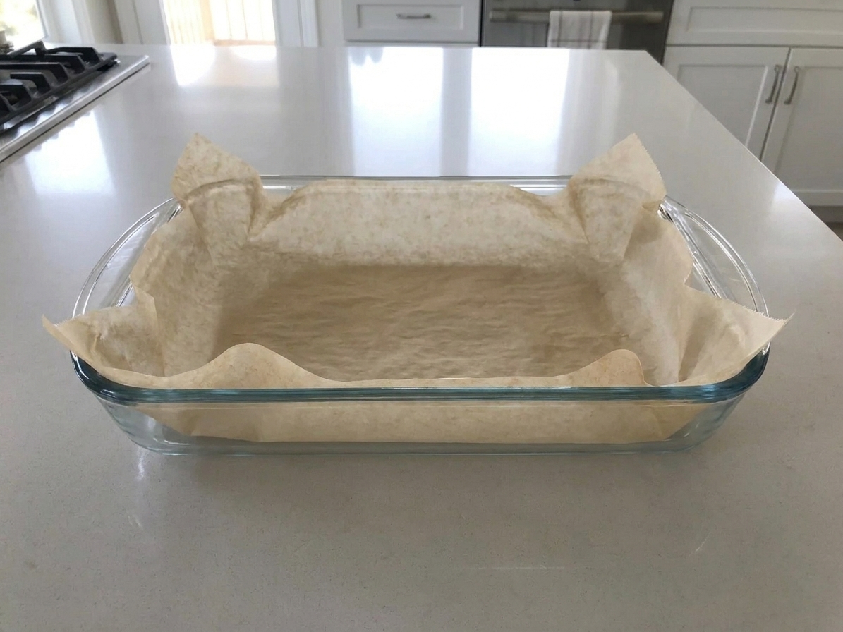 A parchment-lined 9x13-inch baking dish on a clean kitchen counter, ready for baking
