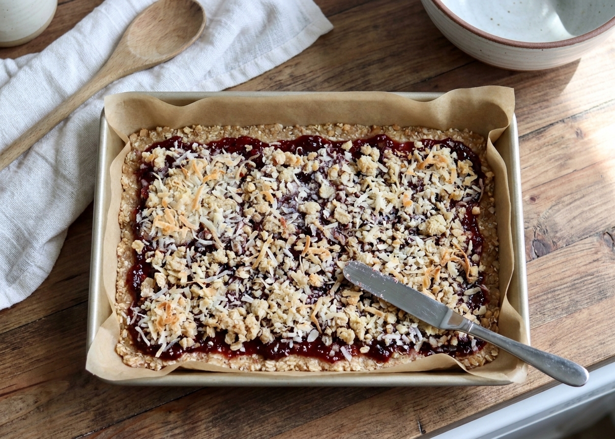 A parchment-lined 9x13-inch baking pan with the layered bars ready to bake