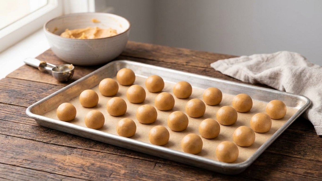 A parchment lined baking sheet filled with evenly sized peanut butter balls ready to chill on a kitchen counter