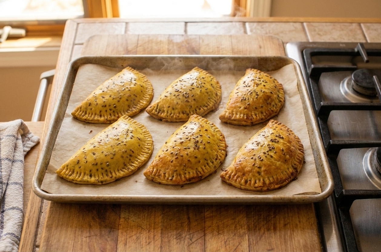 A parchment-lined baking sheet filled with golden Jamaican beef patties fresh from the oven on a stove-side counter