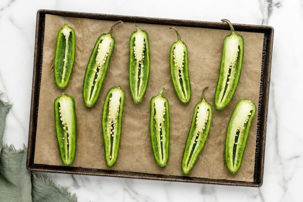A parchment-lined baking sheet filled with jalapeño halves ready for stuffing, arranged neatly in rows on a kitchen counter