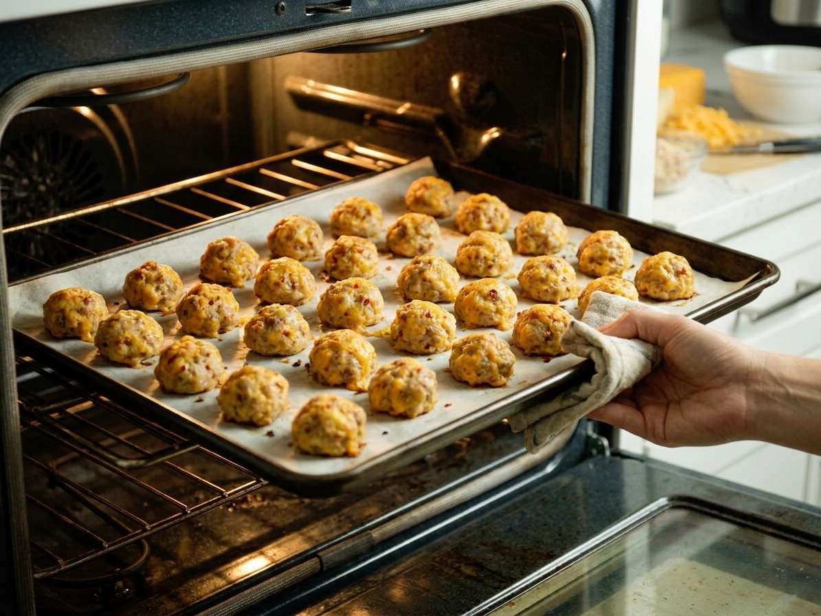 A parchment-lined baking sheet filled with sausage balls baking in an oven