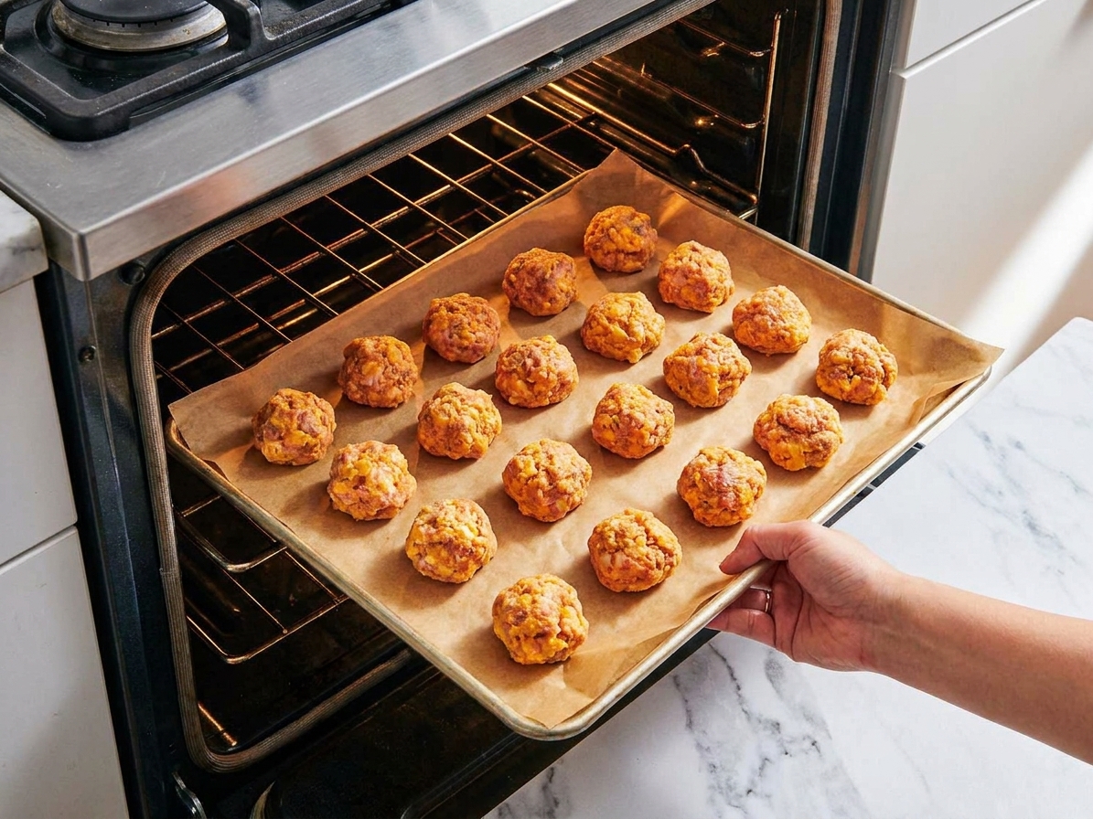 A parchment-lined baking sheet filled with uncooked sausage balls being slid into a preheated oven