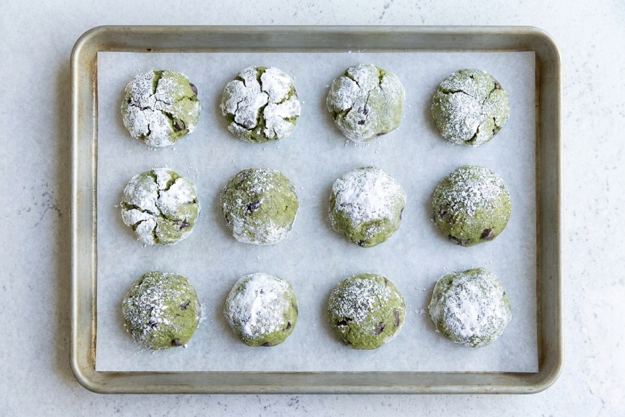 A parchment-lined baking sheet holding cracked powdered sugar green cookies fresh from the oven on a kitchen counter