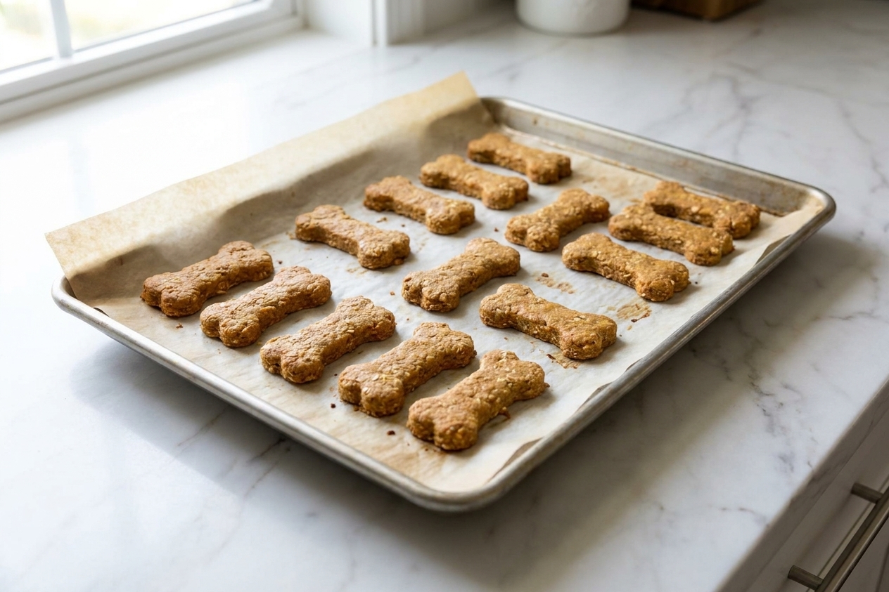 A parchment-lined baking sheet holding golden brown, bone-shaped homemade dog biscuits cooling on a kitchen counter in natural window light