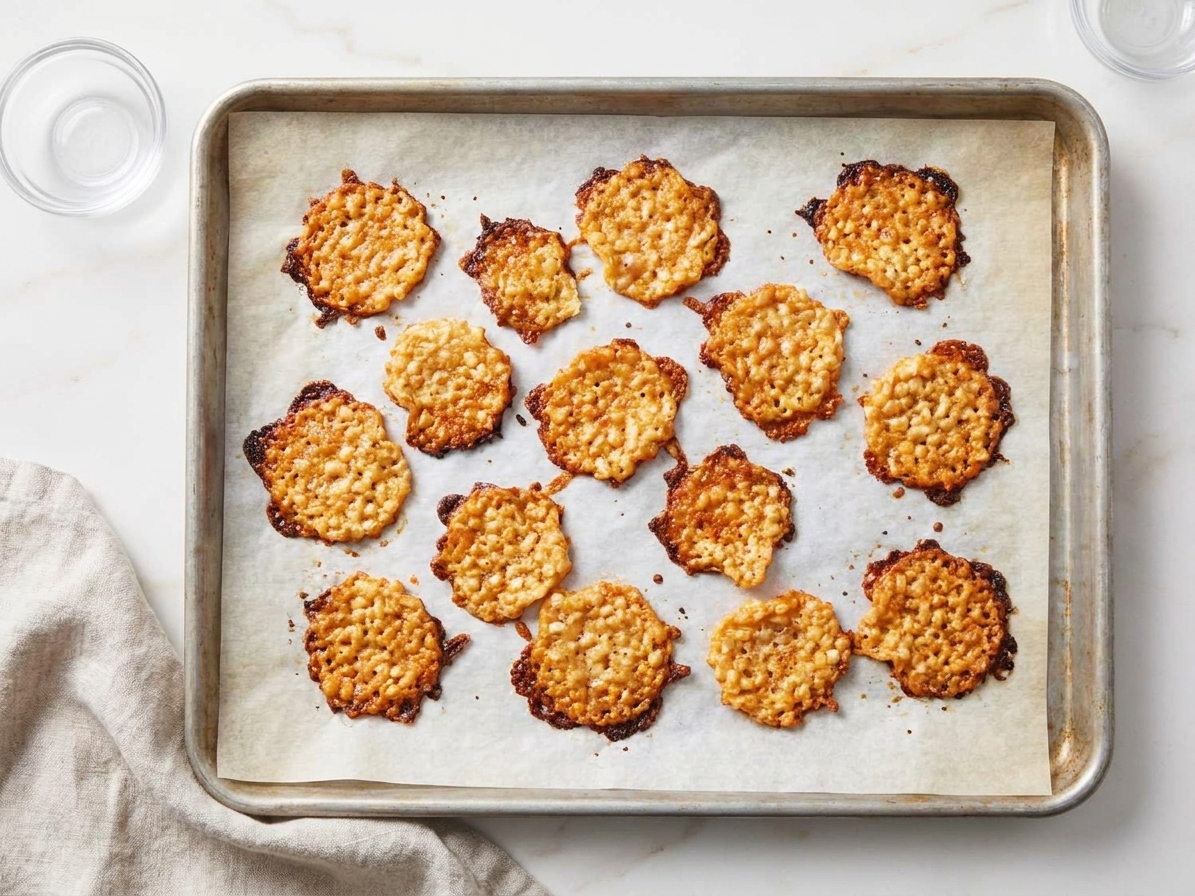 A parchment-lined baking sheet holding golden, crisp cottage cheese chips with browned edges on a bright home kitchen counter