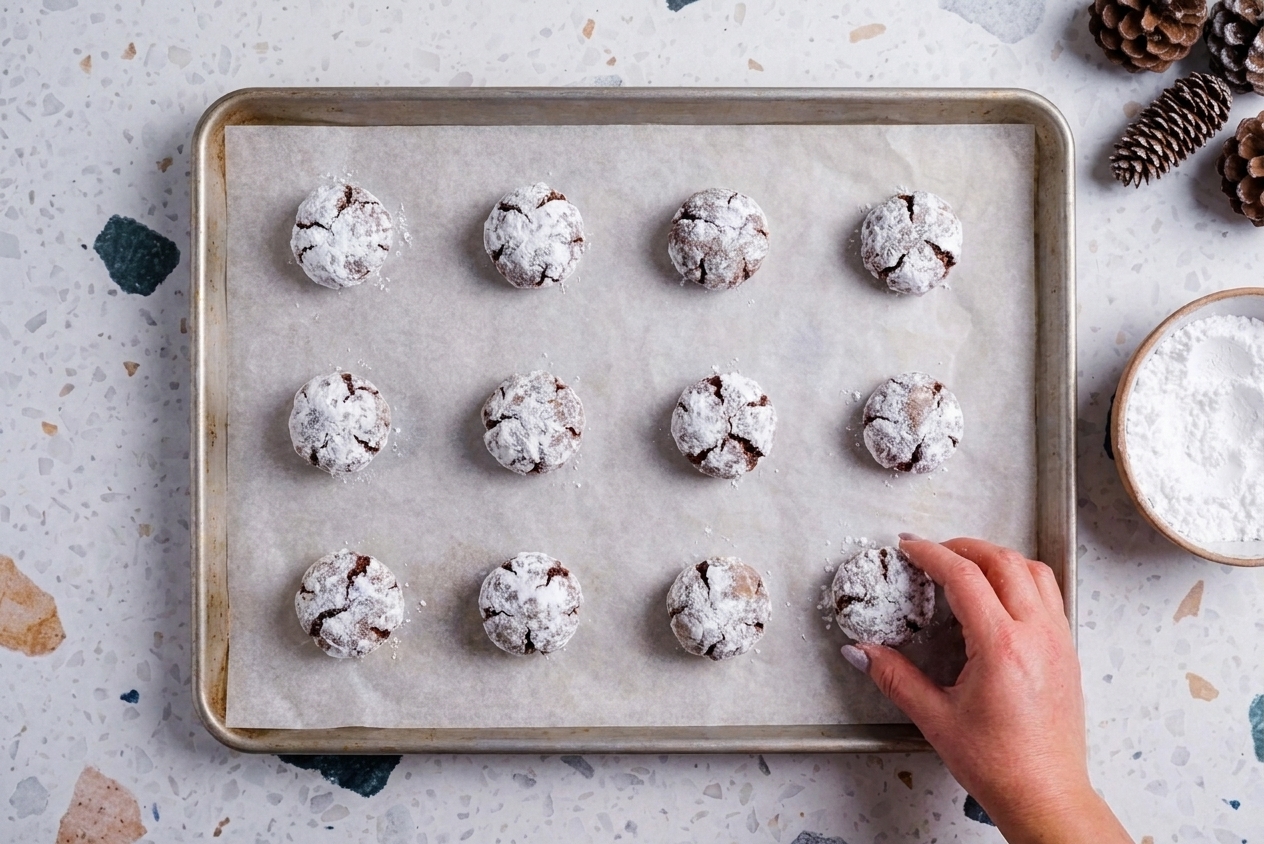 A parchment-lined baking sheet holding powdered sugar coated chocolate cookie dough balls spaced evenly and ready to bake