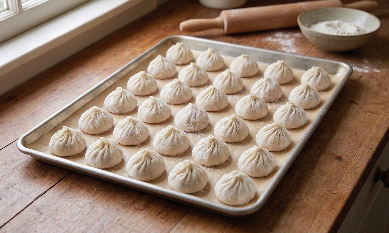 A parchment-lined baking sheet holding uncooked siu long bao arranged in rows, lightly frosted from the freezer on a home kitchen counter