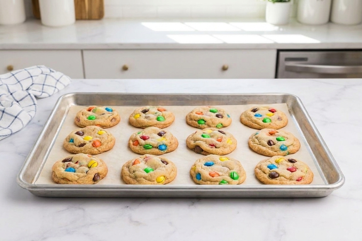 A parchment lined baking sheet of M&M cookie dough balls just baked, with cookies puffed and golden around the edges