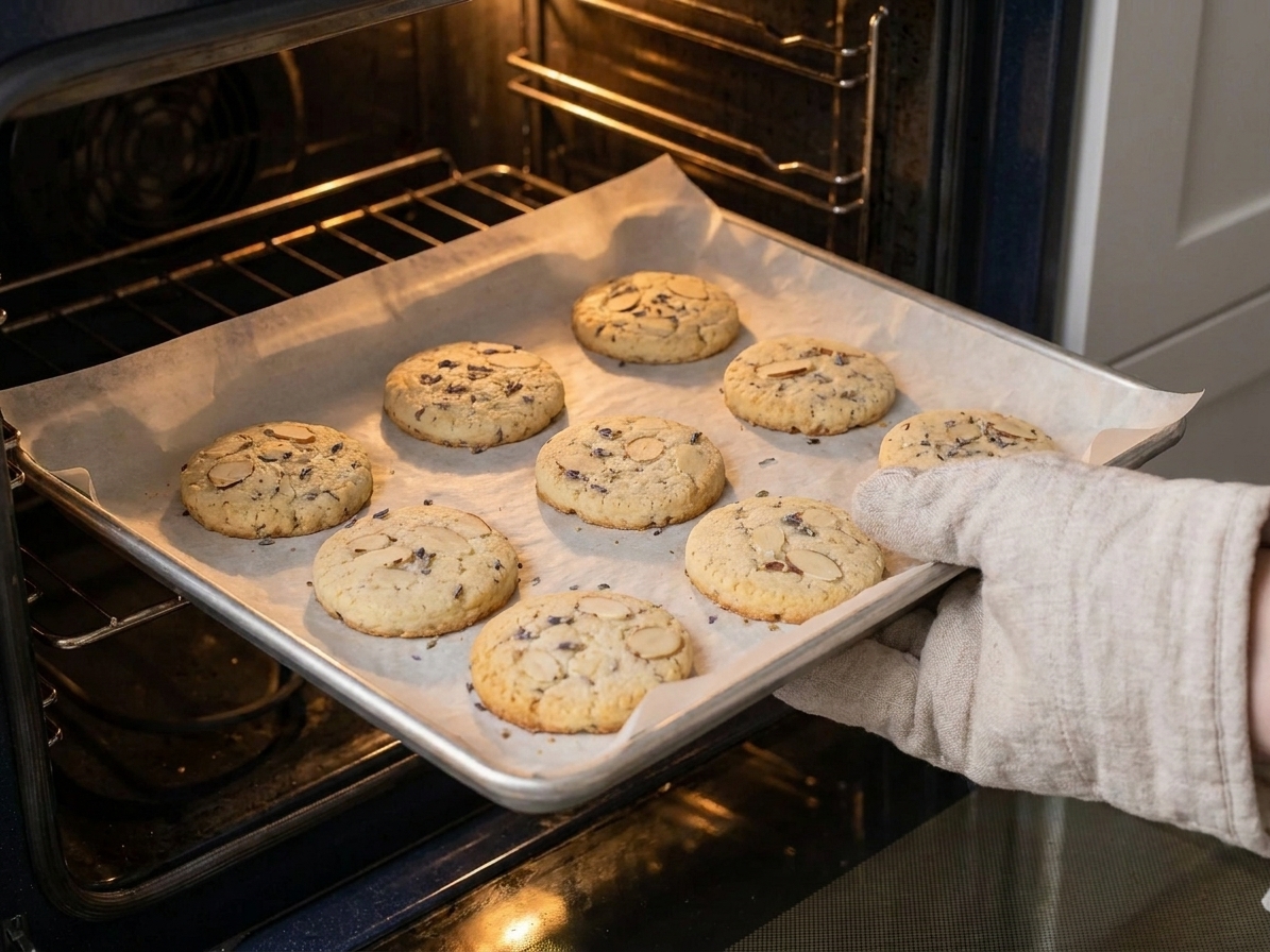 A parchment-lined baking sheet of badam cookies midway through baking in an oven, cookies lightly puffed with almond slices on top