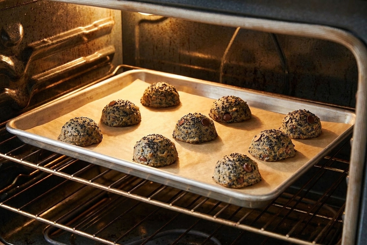 A parchment-lined baking sheet of black sesame cookies mid-bake in a home oven with warm kitchen lighting
