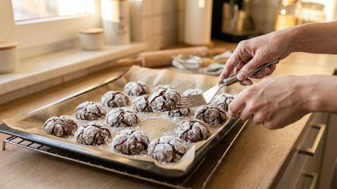 A parchment-lined baking sheet of chocolate crinkle cookies fresh from the oven with visible crackles and powdered sugar tops