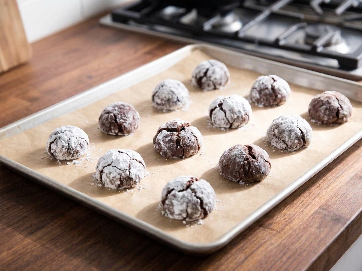 A parchment-lined baking sheet of chocolate crinkle cookie dough balls with cracked tops beginning to form