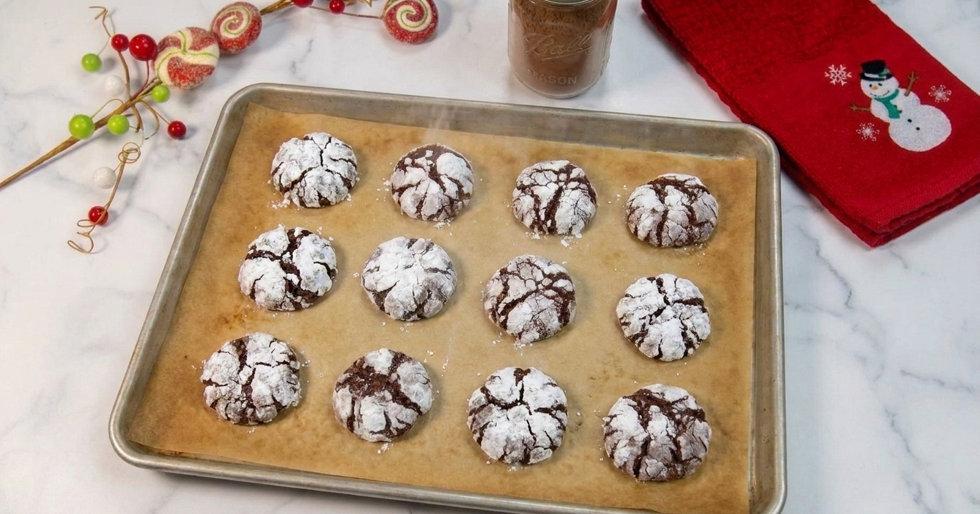 A parchment-lined baking sheet of chocolate crinkle cookies with cracked powdered sugar tops just out of the oven