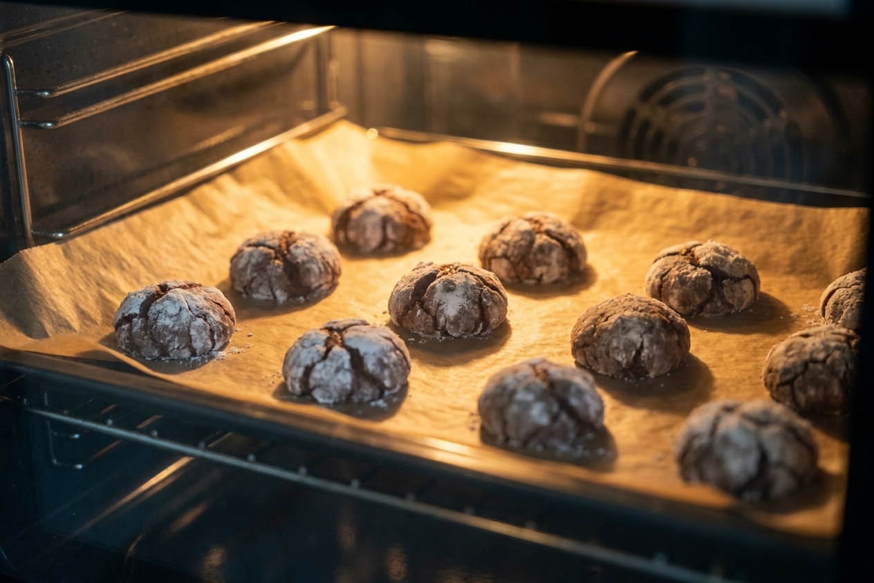 A parchment-lined baking sheet of chocolate crinkle cookies halfway baked in an oven, tops beginning to crack and puff