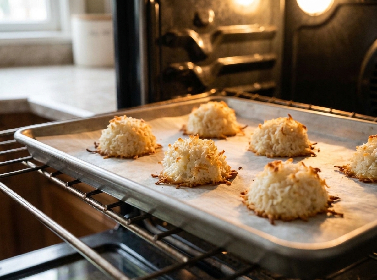 A parchment-lined baking sheet of coconut macaroon biscuits on an oven rack as the edges turn golden