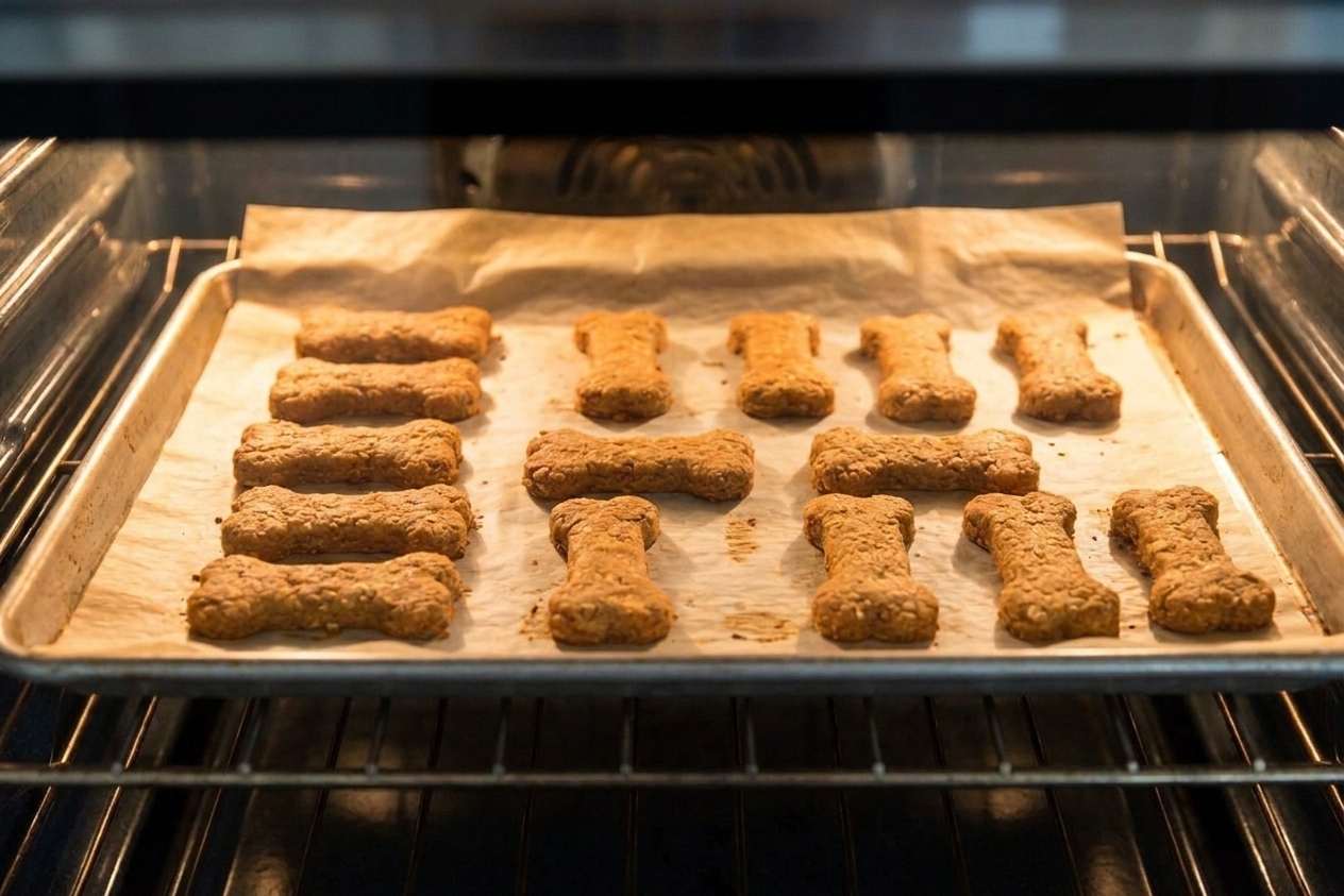 A parchment-lined baking sheet of dog biscuits on an oven rack mid-bake with warm golden color starting to develop