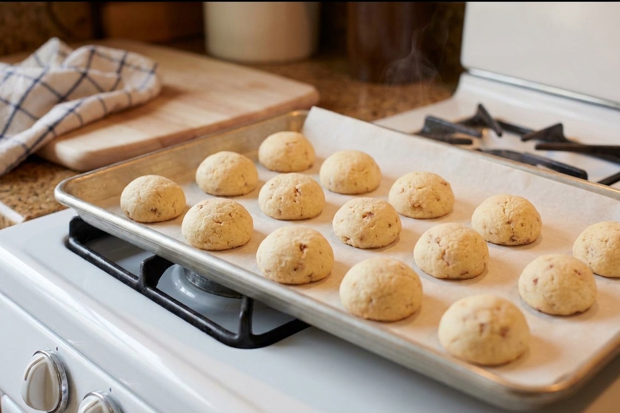 A parchment lined baking sheet of pale round snowball cookies fresh from the oven on a stovetop with warm kitchen lighting