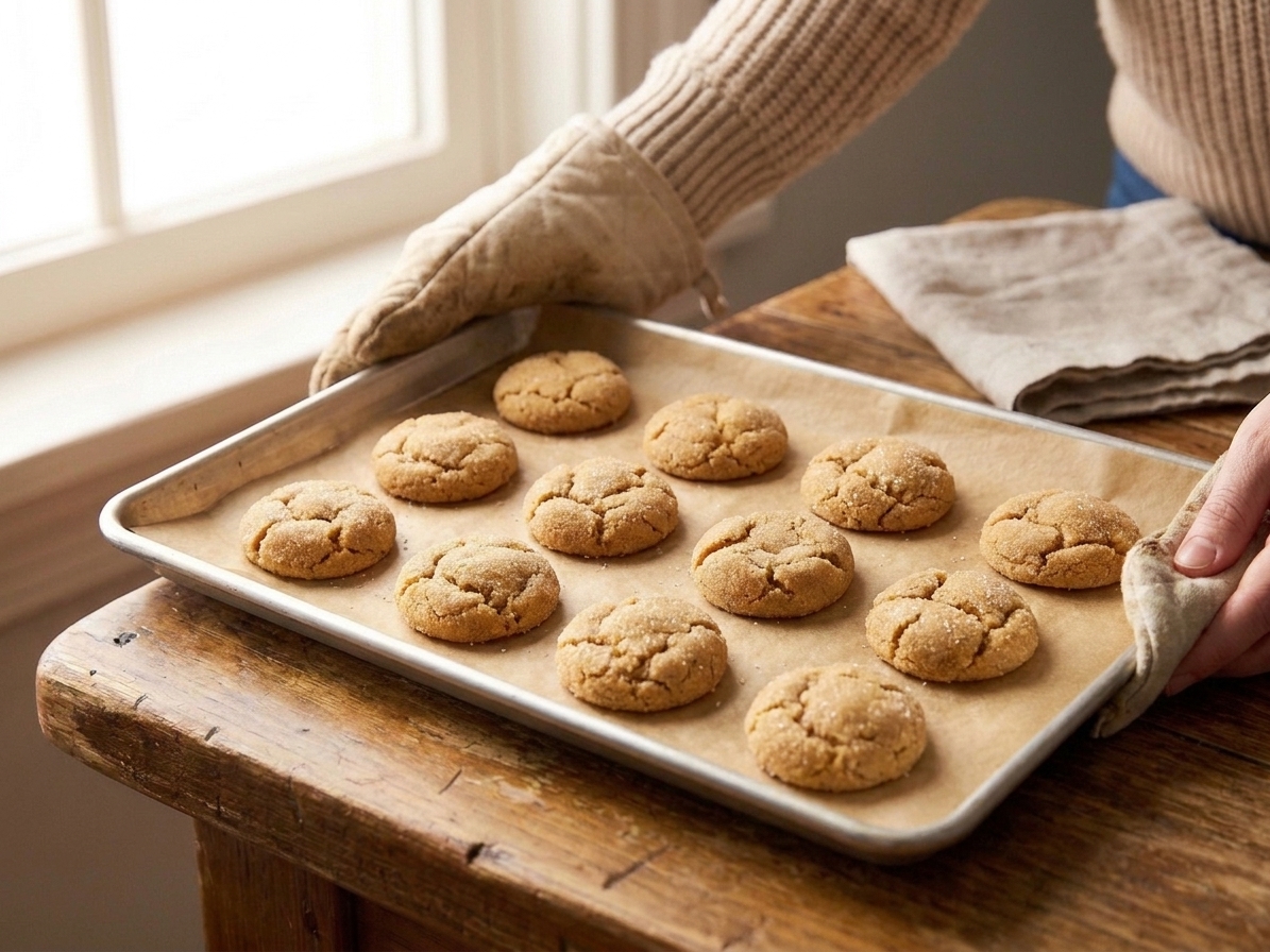 A parchment-lined baking sheet of peanut butter cookie dough balls fresh from the oven, tops crackled and lightly golden