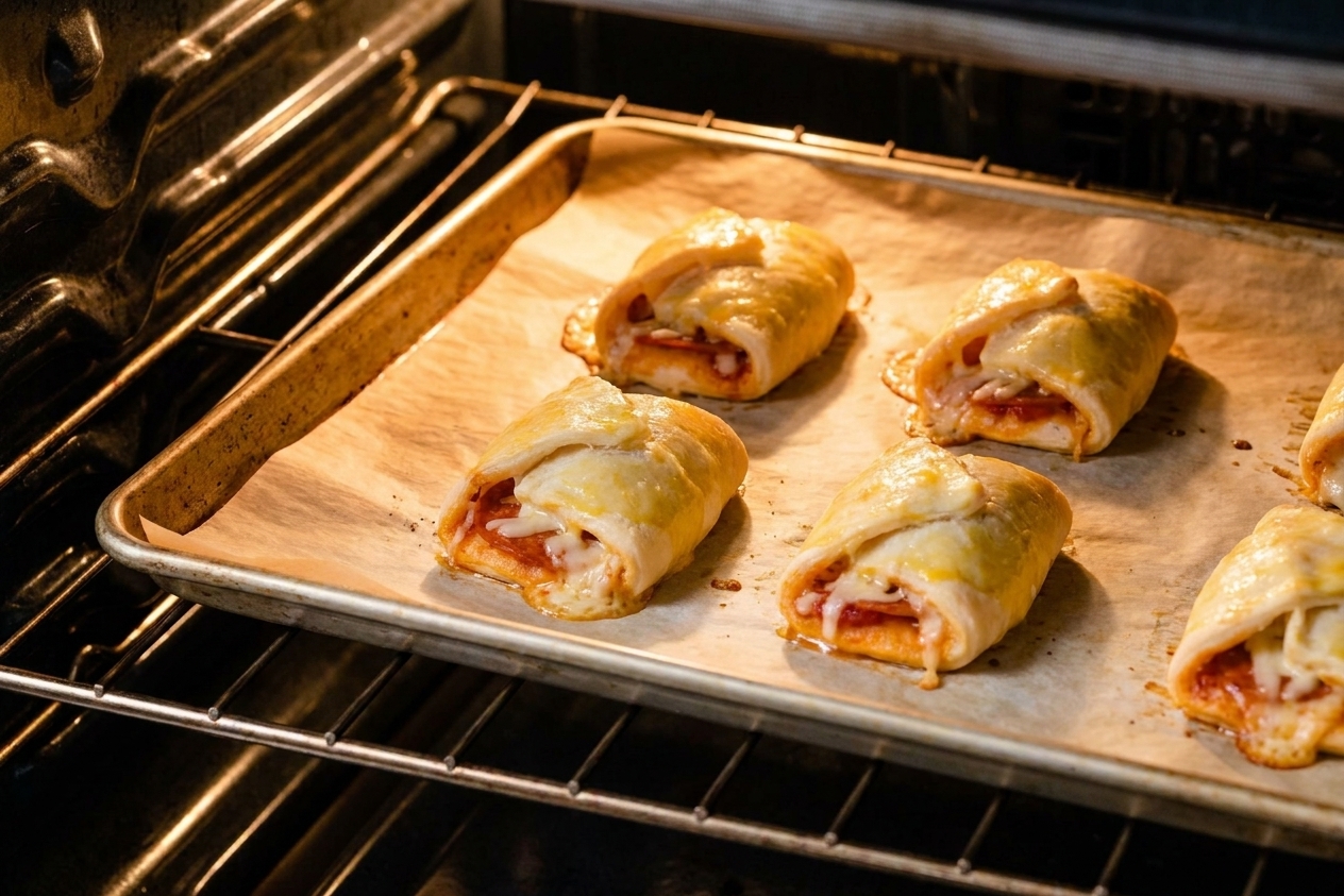 A parchment-lined baking sheet of pizza rolls turning golden brown in an oven