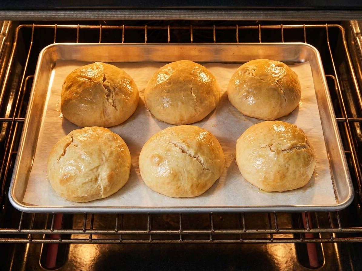 A parchment-lined baking sheet of quick bread buns baking in an oven, buns rising and turning light golden