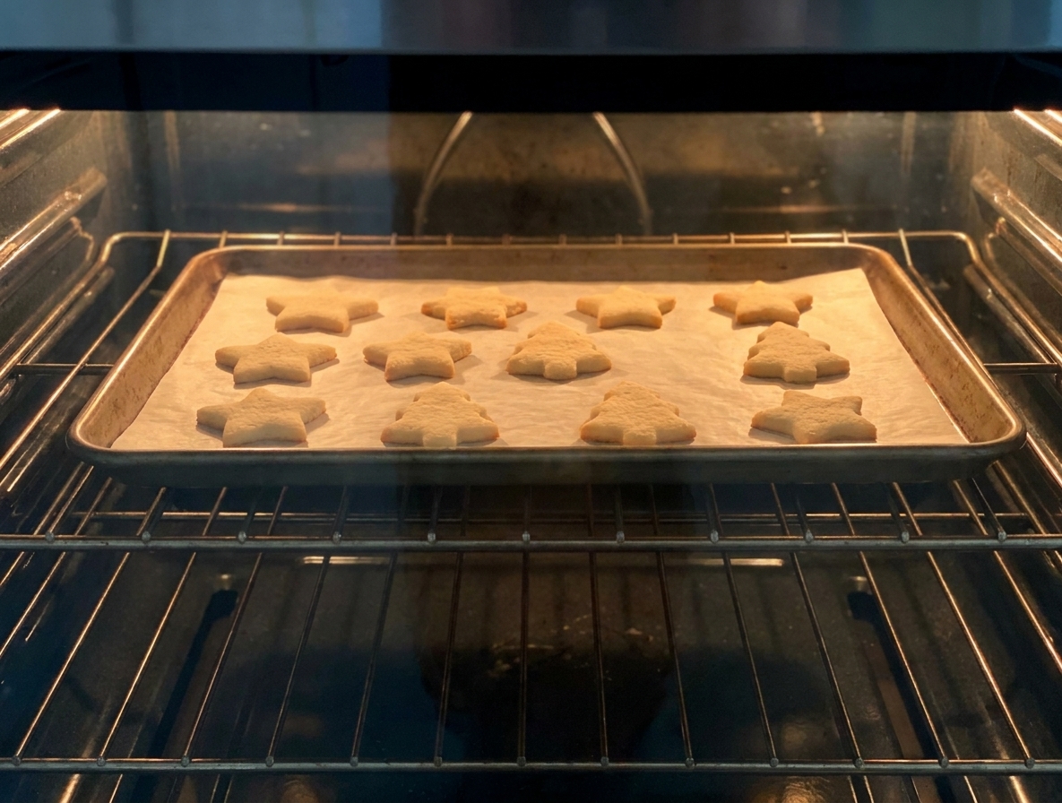 A parchment-lined baking sheet of salt dough ornaments sitting on an oven rack mid-bake with warm light from the oven