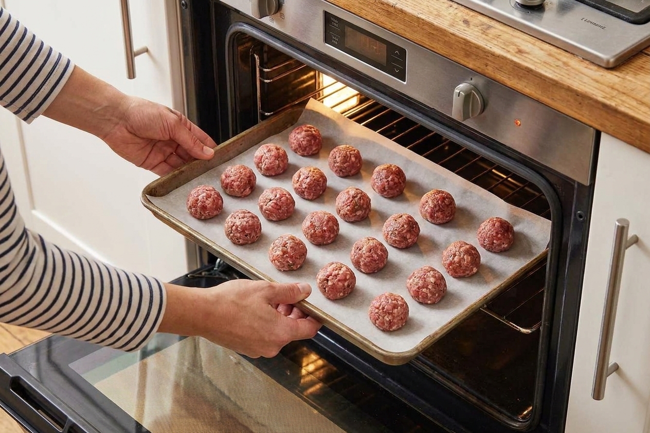 A parchment-lined baking sheet of small meatballs going into a home oven, warm kitchen lighting