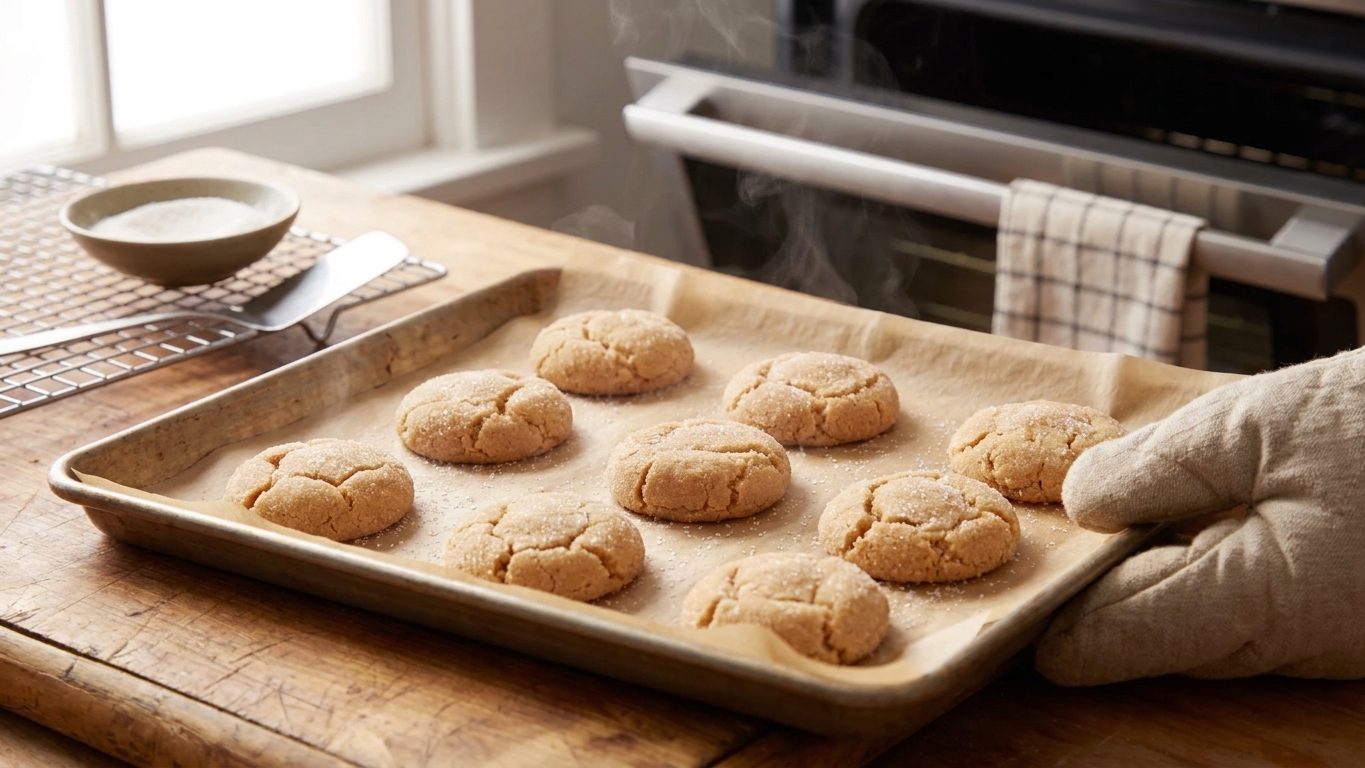A parchment lined baking sheet of sugar coated peanut butter cookies just out of the oven with lightly cracked tops