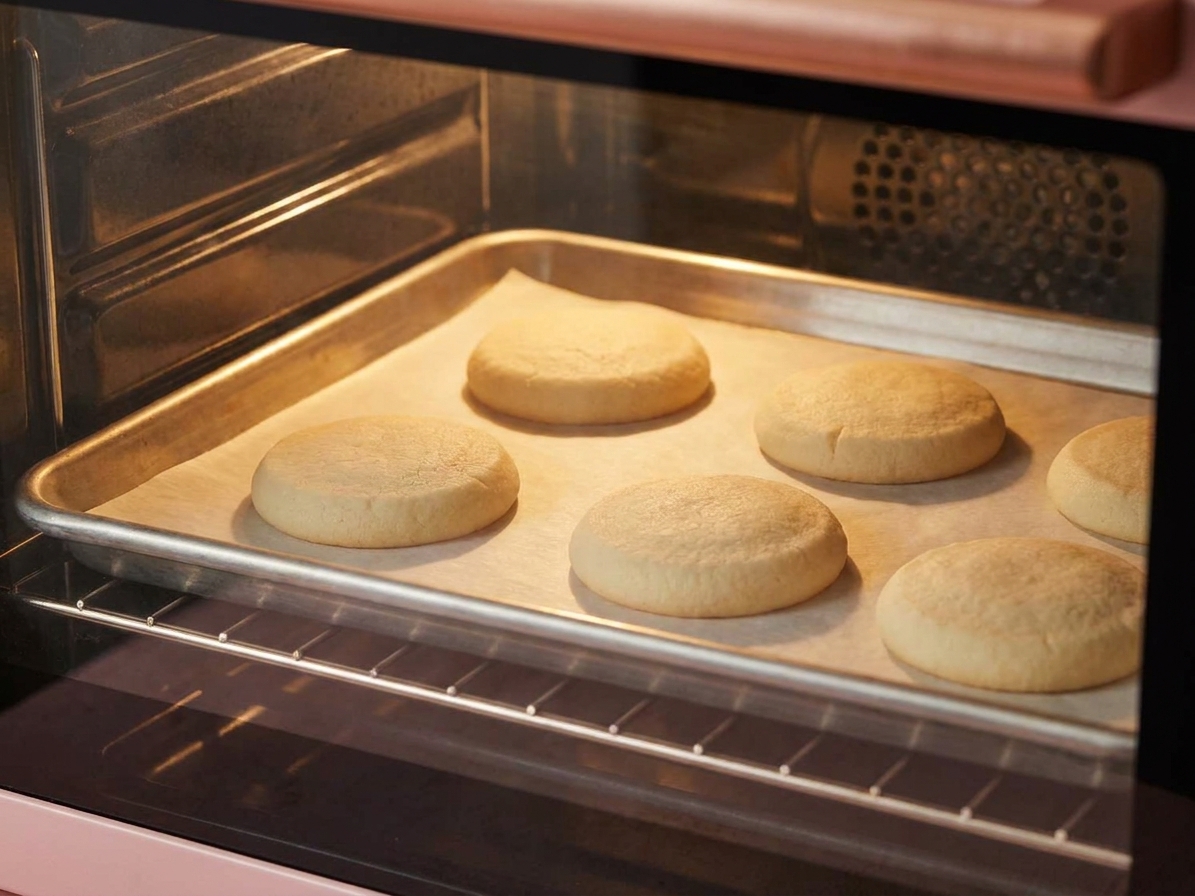 A parchment-lined baking sheet of thick pale sugar cookies partway through baking inside a home oven