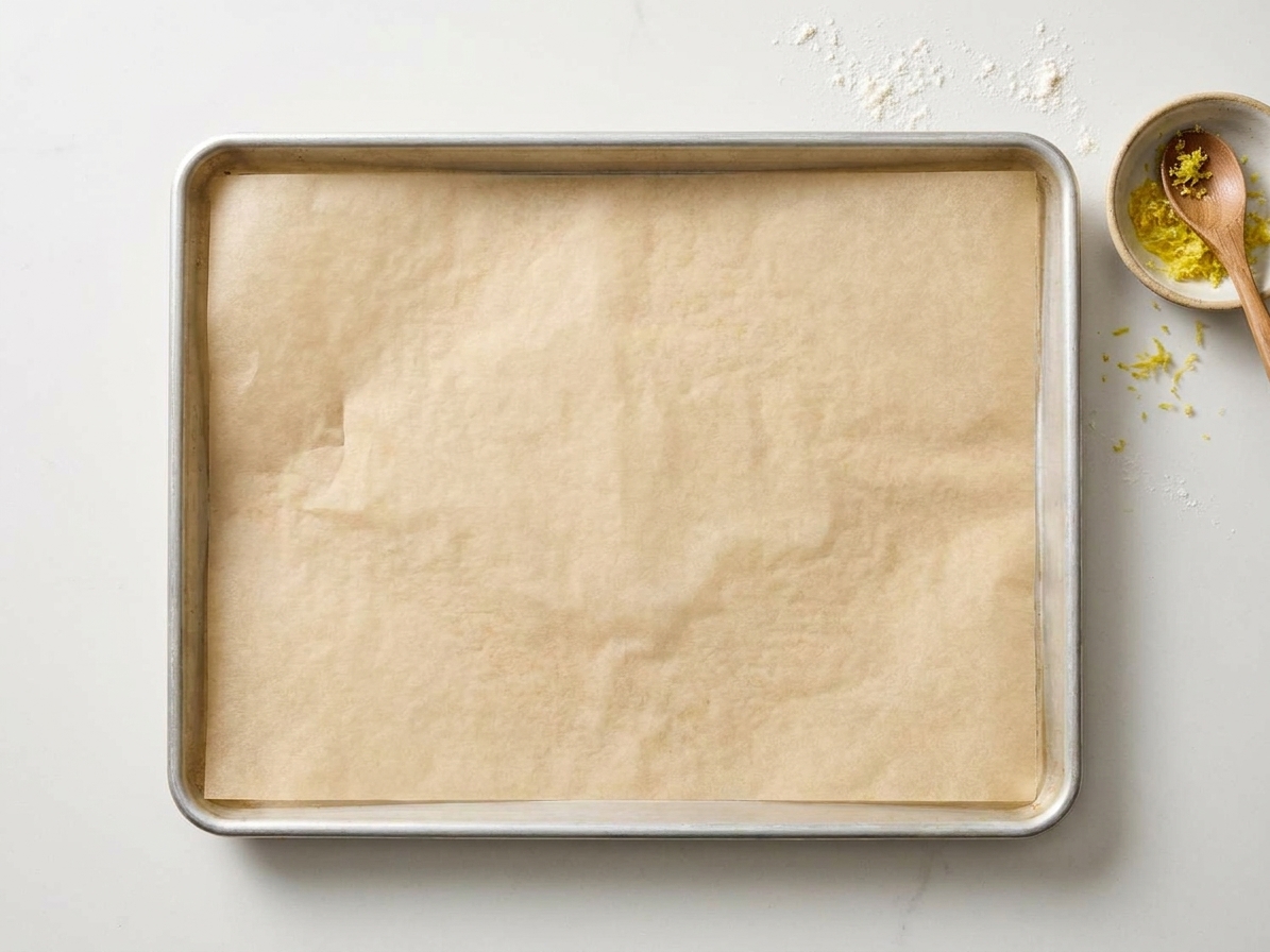 A parchment-lined baking sheet on a clean kitchen counter ready for cookie dough