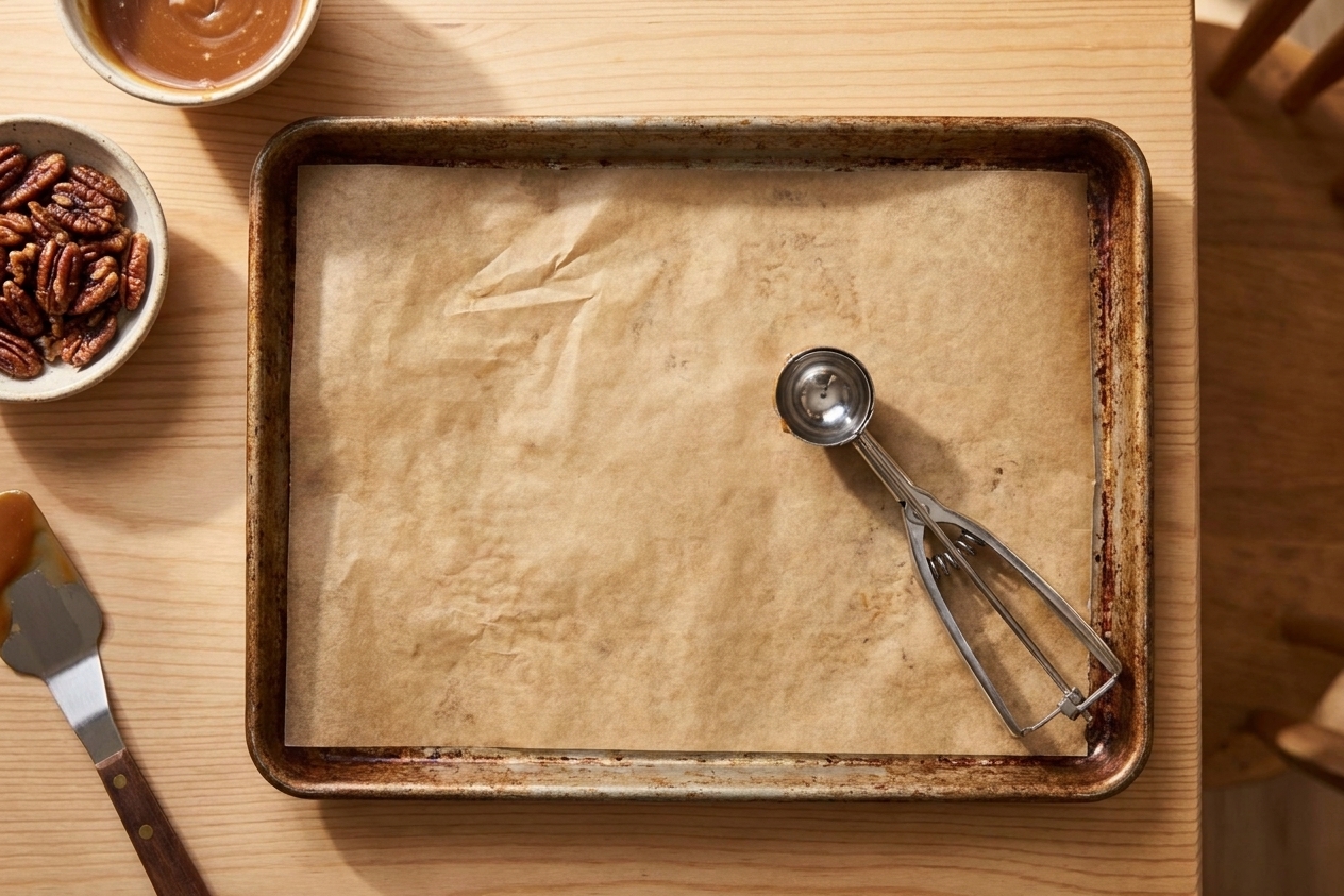A parchment-lined baking sheet on a kitchen counter ready for scooping candy