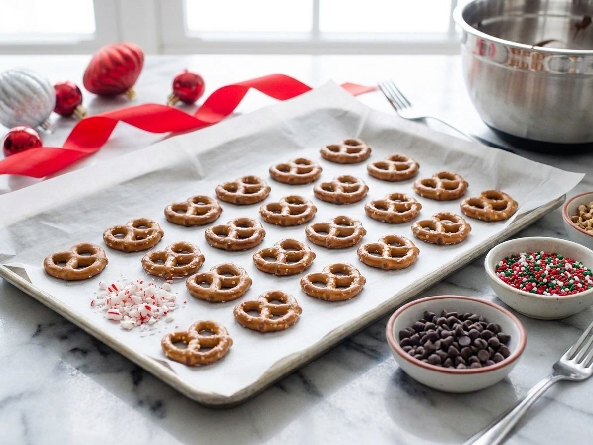 A parchment lined baking sheet on a kitchen counter with plain pretzels ready for dipping and small bowls of toppings nearby