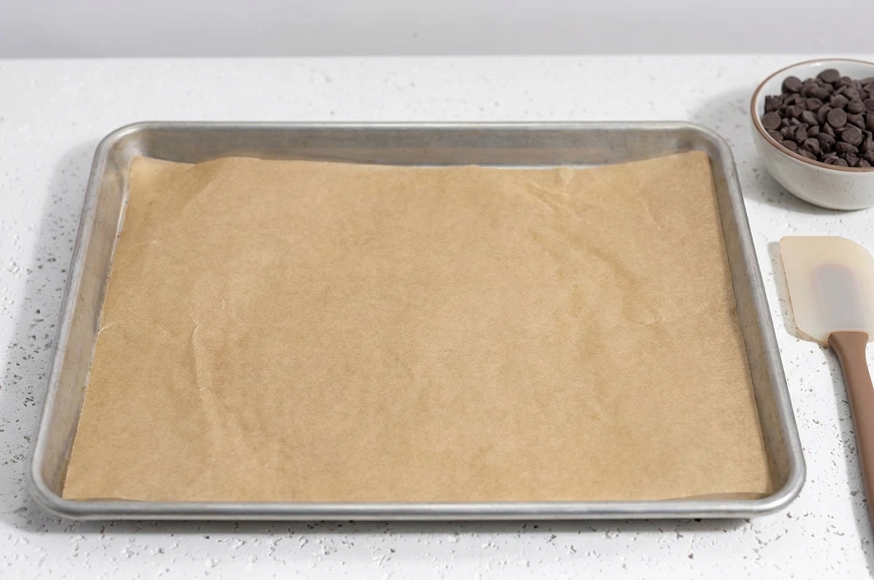 A parchment lined baking sheet on a kitchen counter