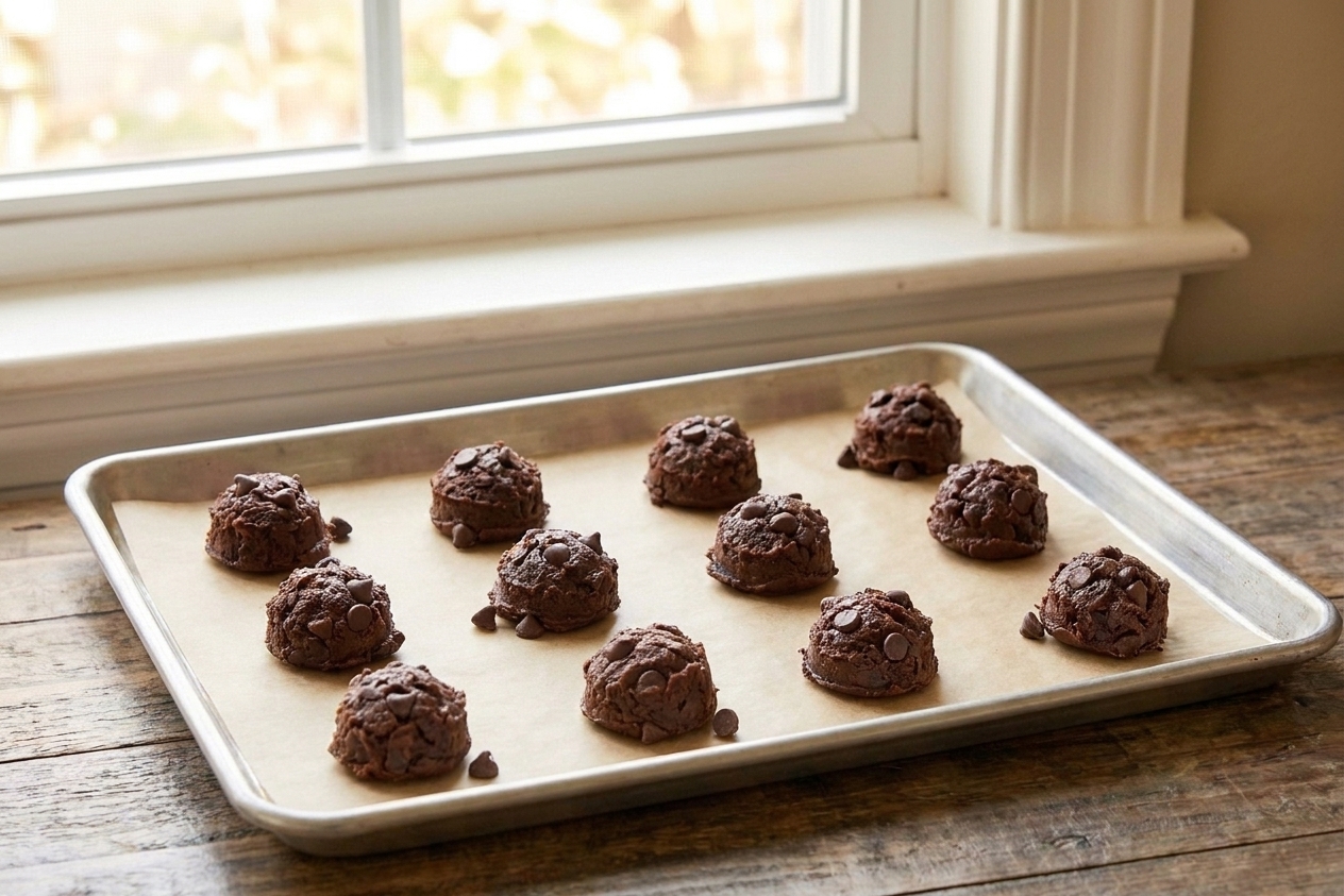 A parchment-lined baking sheet with evenly spaced scoops of brownie cookie dough ready for the oven